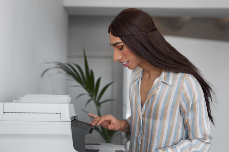 a woman using a printer