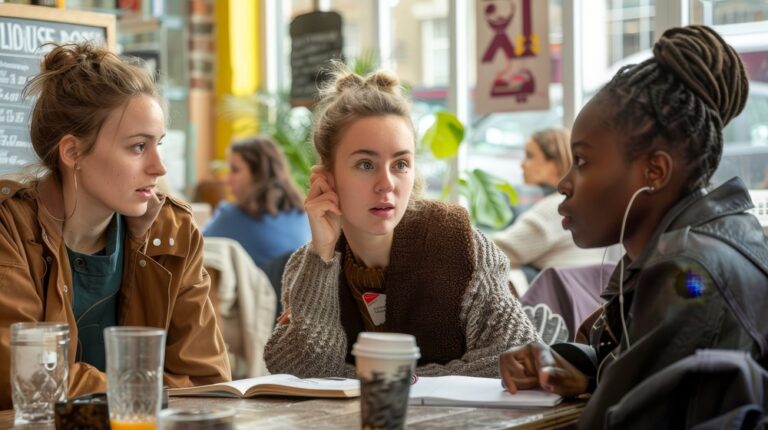 Three university students sat around a table talking